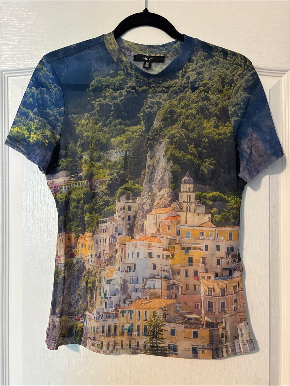 NEXT Women's Scenic Coastal Print Short Sleeve Top in Blue and Yellow